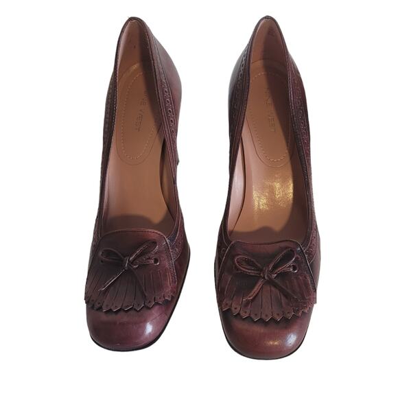 Nine West Women's Slip On Burgundy Leather Wingtip Brogue Chunky Heels Size: 9 - Picture 3 of 6
